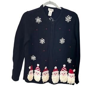 Vintage Christmas Sweater Black Beaded Snowflake Santa Classic Elements-Medium